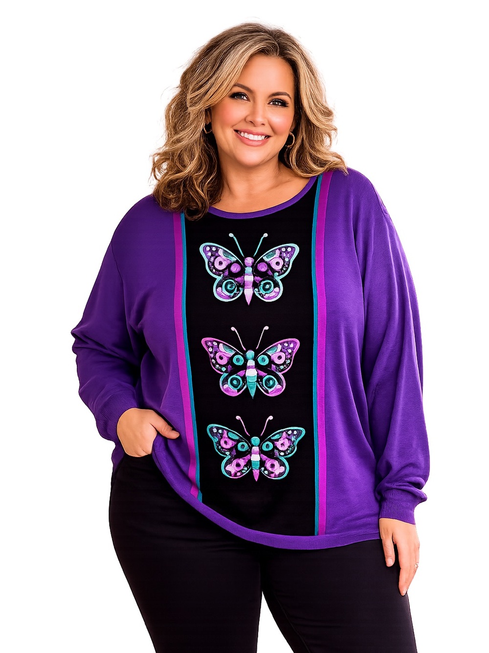 Bob Mackie Wearable Art Embroidered Butterfly Sweater 2X Purple & Black